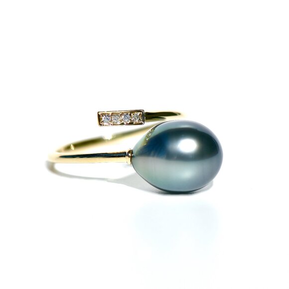 18k Gold Tahitian Pearl & Natural Diamond Open Ring Sz 7
